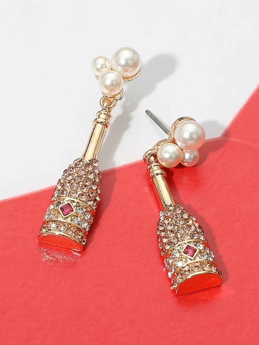 Pink Gold Champagne Bottle Rhinestone Pearl Drop Dangle Earrings Metal Fashion